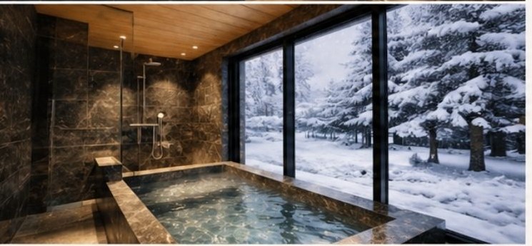 Hot bath with snow-forest view