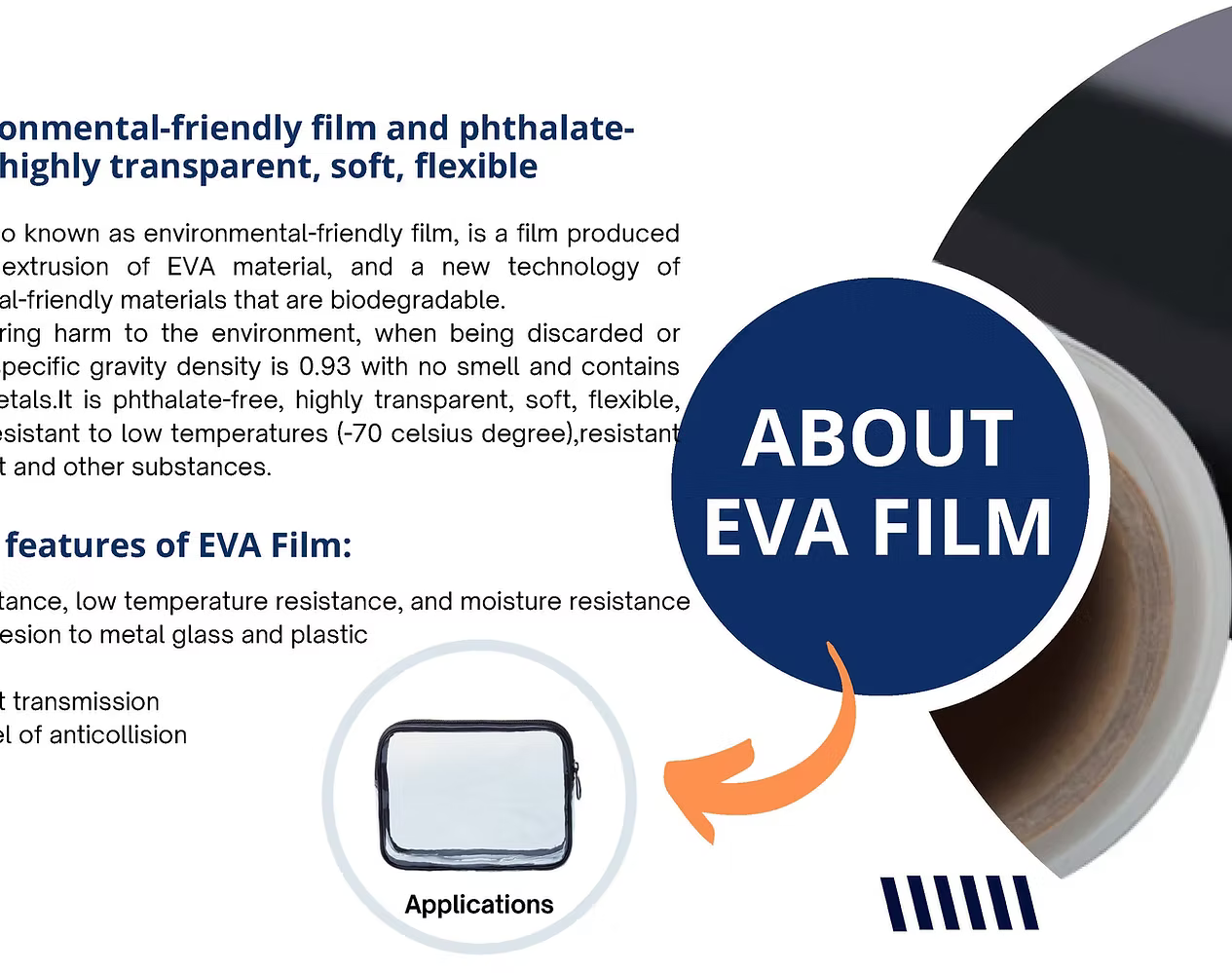 About EVA Film — environmental-friendly, phthalate-free, highly transparent, soft, flexible. Features include high light transmission, low temperature resistance, moisture resistance, adhesion to metal, glass, and plastic.