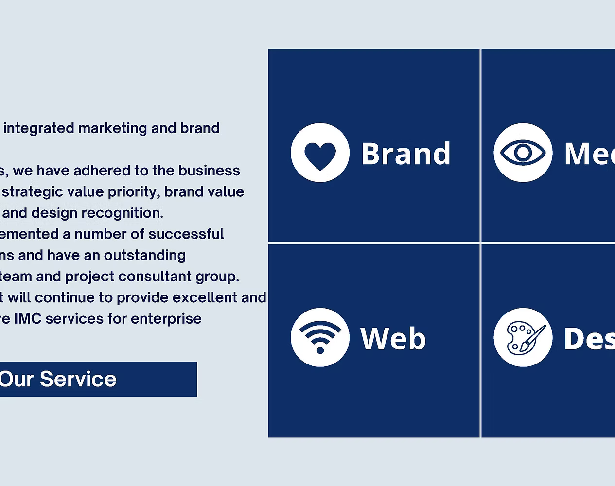 IMC Services for enterprise — Brand, Media, Web, Design.