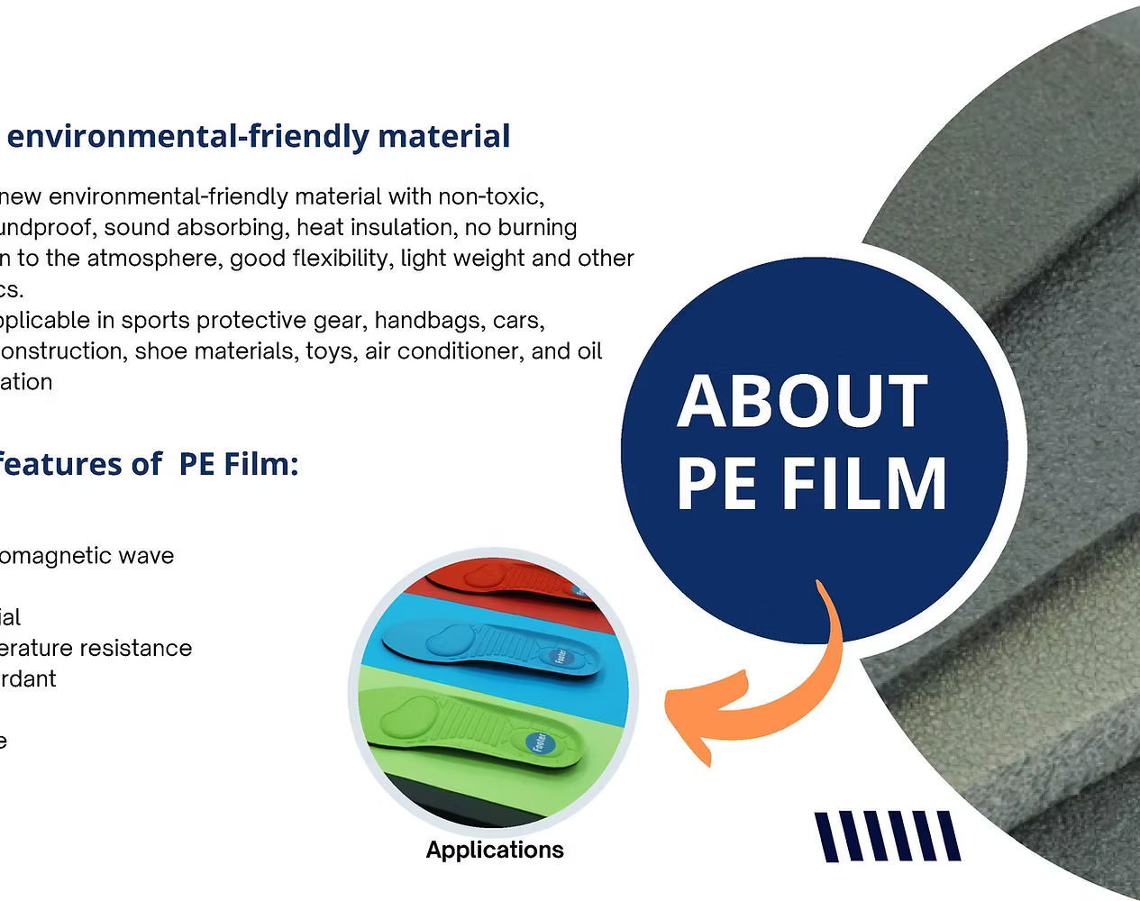 About PE Film — environmental-friendly material with non-toxic, soundproof, sound absorbing, heat insulation properties. Applications in sports protective gear, handbags, shoes, toys, air conditioner and PE blocks.