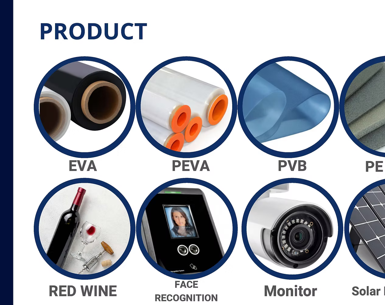 Yi-Da product range — EVA film, PEVA film, PVB film, PE film, Red Wine, Face Recognition, Monitor, Solar Panel